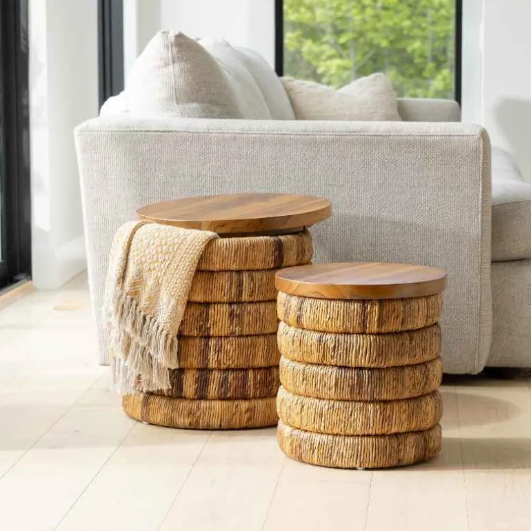 Abaca Woven Drum Nesting Tables, Set of 2