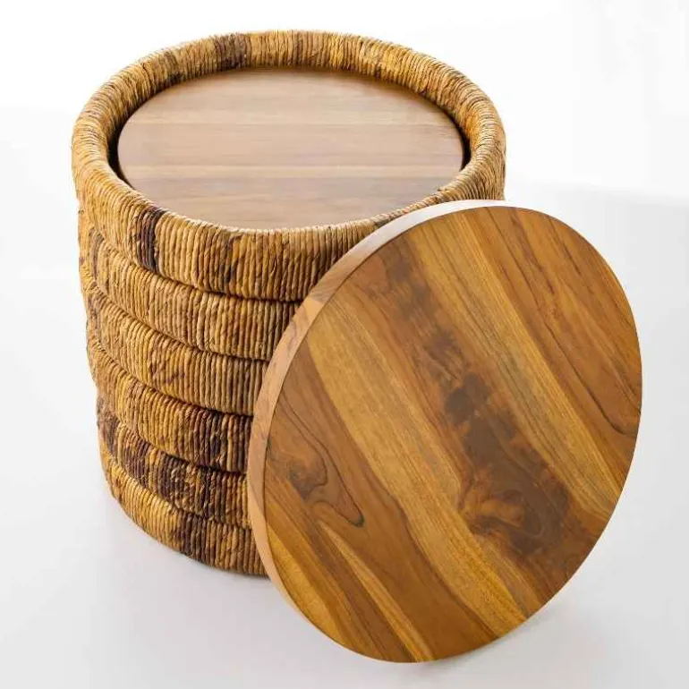 Abaca Woven Drum Nesting Tables, Set of 2