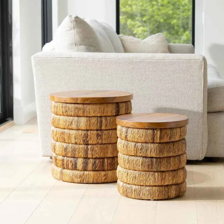 Abaca Woven Drum Nesting Tables, Set of 2