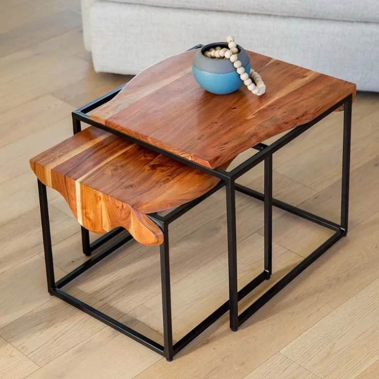 Acacia Wood Waterfall Nesting Tables, Set of 2