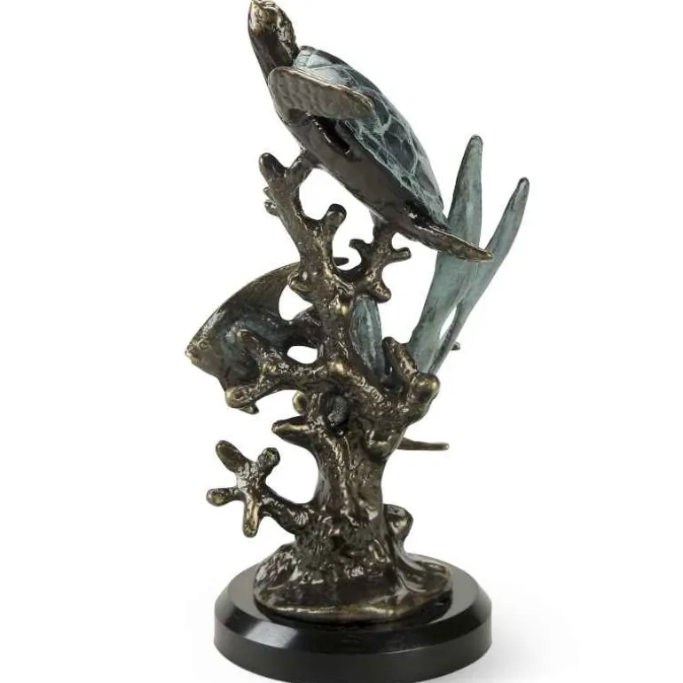 Aluminum and Marble Sea Turtle with Fish Sculpture