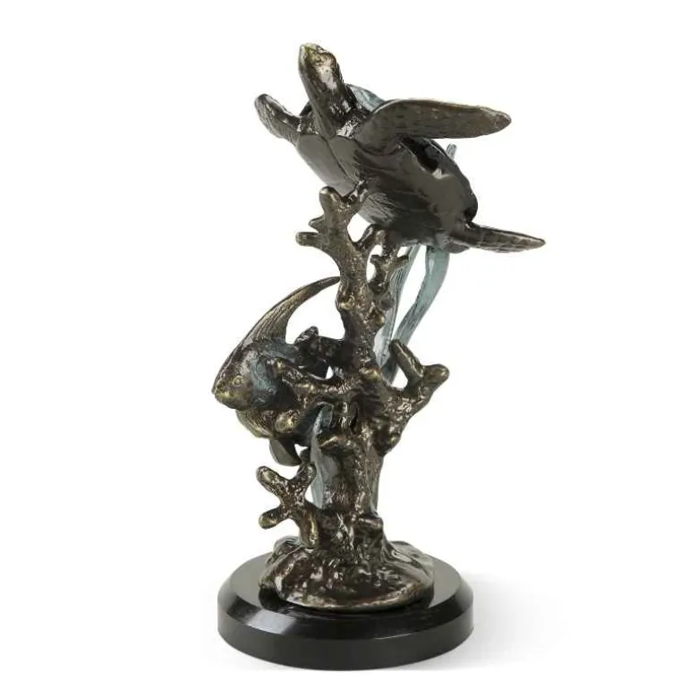 Aluminum and Marble Sea Turtle with Fish Sculpture
