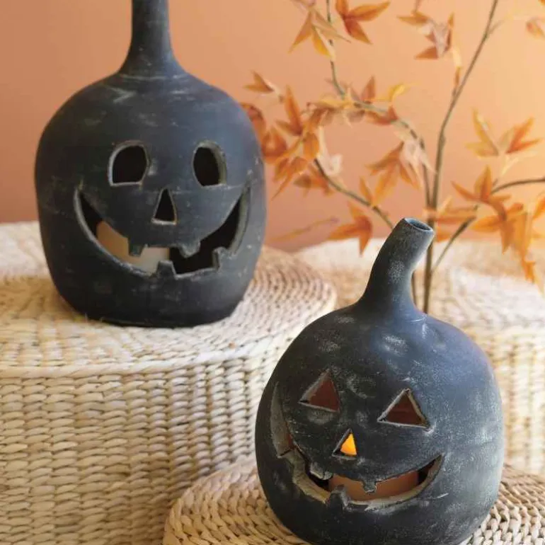 Artisan-Made Black Jack-O-Lantern Candle Holders, Set of 2