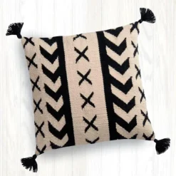 Black and White Geo Print Tasseled Outdoor Throw Pillow, 22" Sq.
