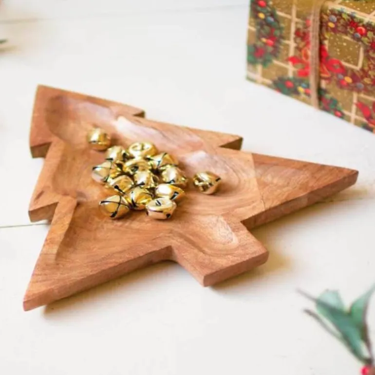 Carved Wood Christmas Tree Platter