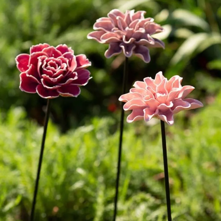 Ceramic Garden Flower Stakes, Set of 3 - Pink
