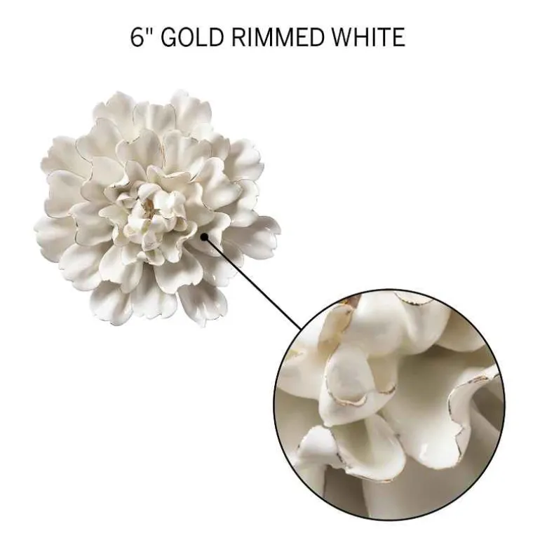Ceramic Wall Flowers, 6" - Gold-Rimmed White