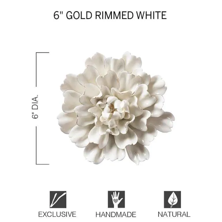 Ceramic Wall Flowers, 6" - Gold-Rimmed White