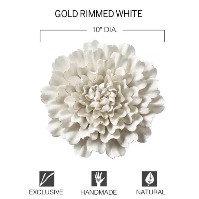 Ceramic Wall Flowers, 10" - Gold-Rimmed White