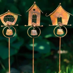 Copper-Flamed Bird House Garden Stakes, Set of 3