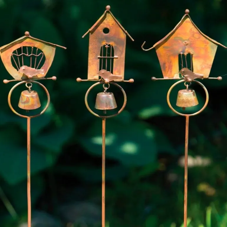 Copper-Flamed Bird House Garden Stakes, Set of 3