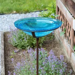 Crackle Glass Birdbath with Garden Stake