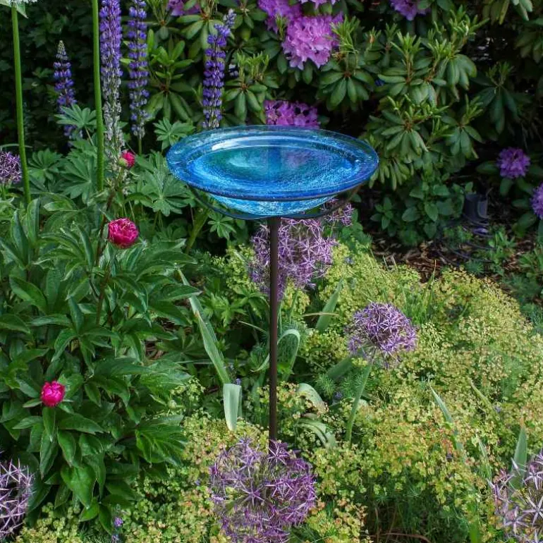 Crackle Glass Birdbath with Garden Stake