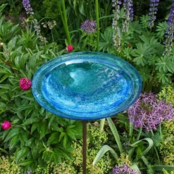 Crackle Glass Birdbath with Garden Stake