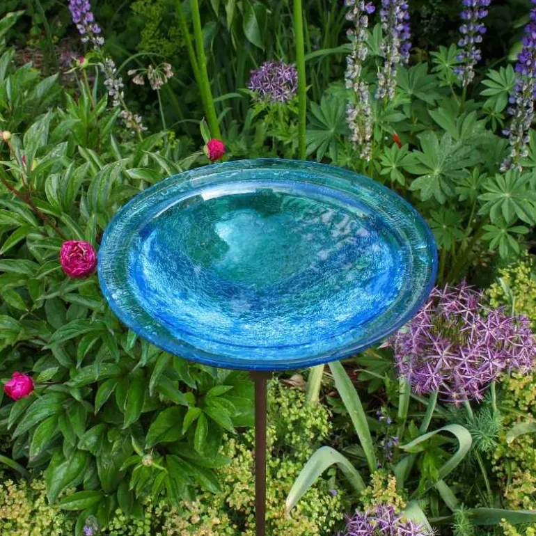 Crackle Glass Birdbath with Garden Stake