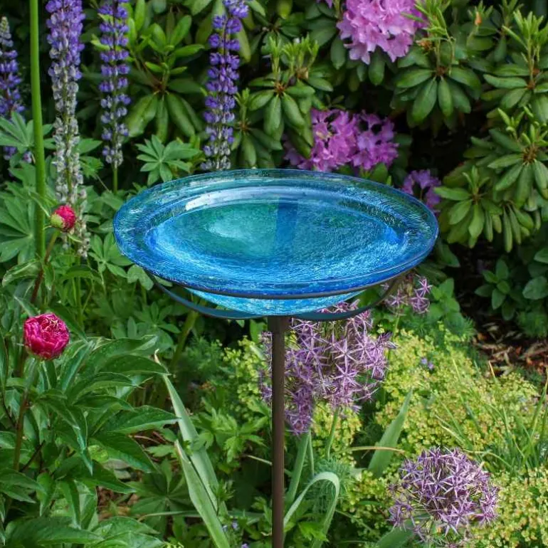 Crackle Glass Birdbath with Garden Stake
