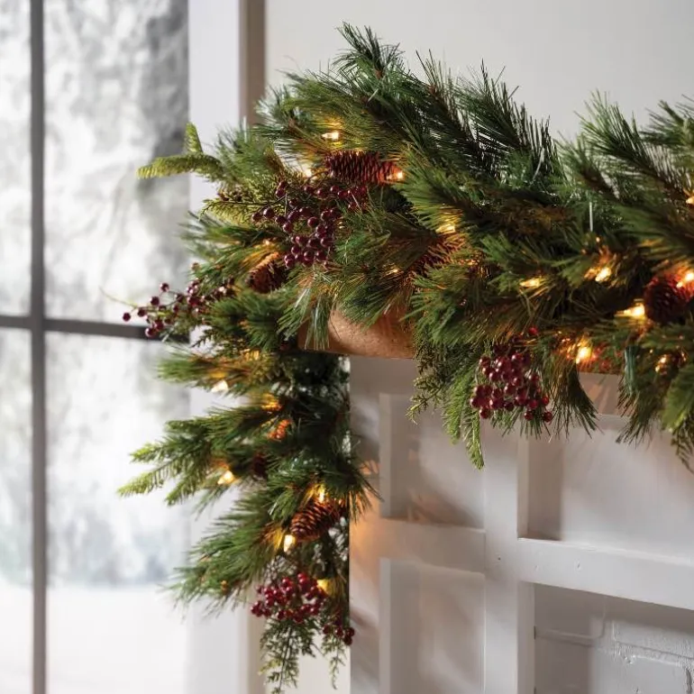9' Dual Color LED In/Out Plug In Mixed Cedar Garland