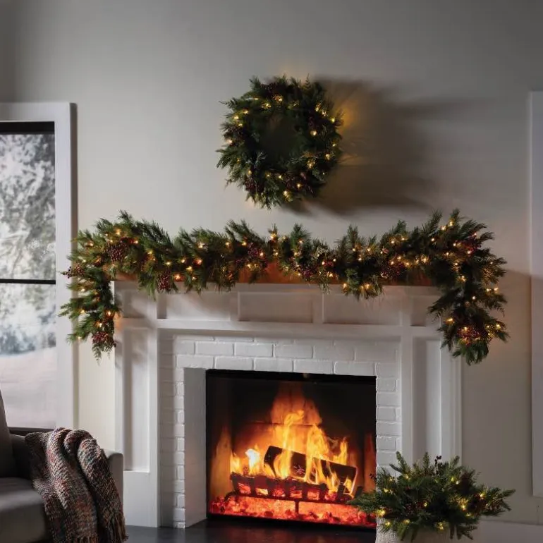 9' Dual Color LED In/Out Plug In Mixed Cedar Garland