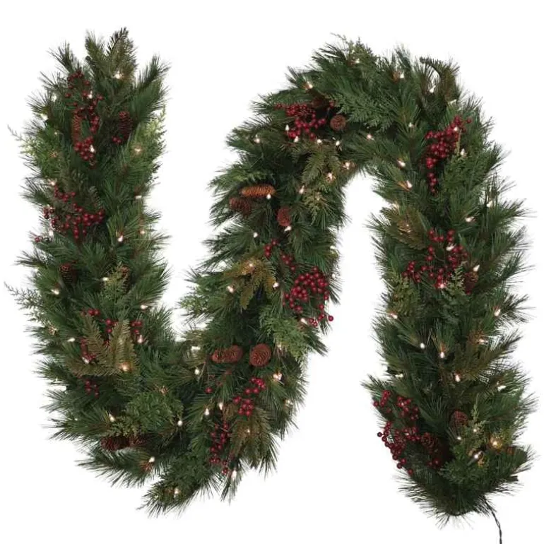 9' Dual Color LED In/Out Plug In Mixed Cedar Garland