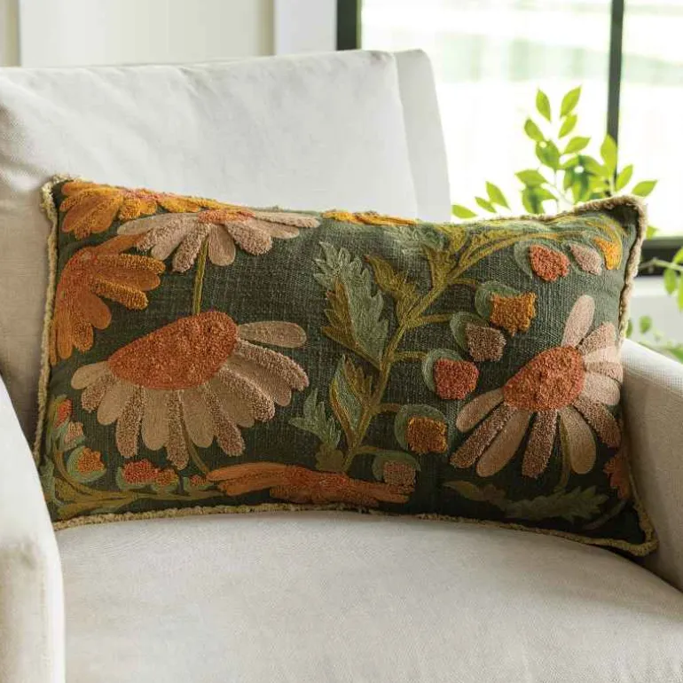 Embroidered Lumbar Pillow with Flowers