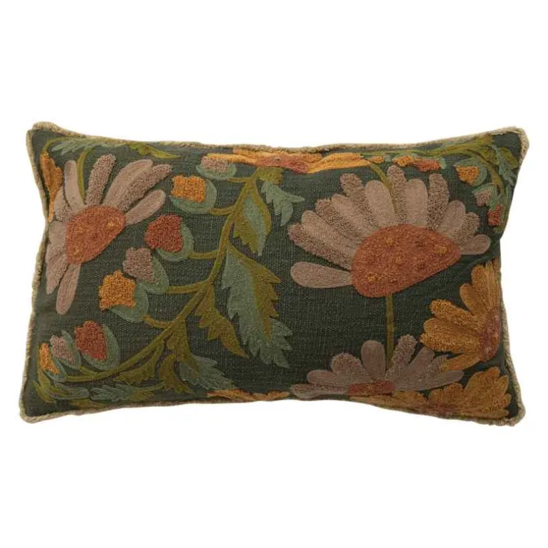 Embroidered Lumbar Pillow with Flowers