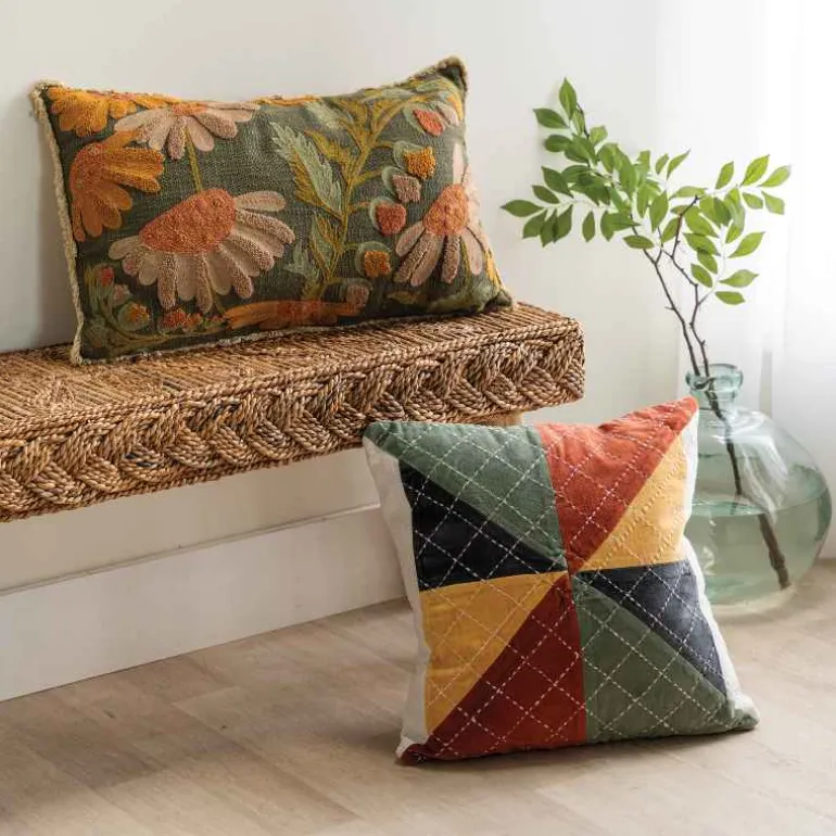 Embroidered Lumbar Pillow with Flowers