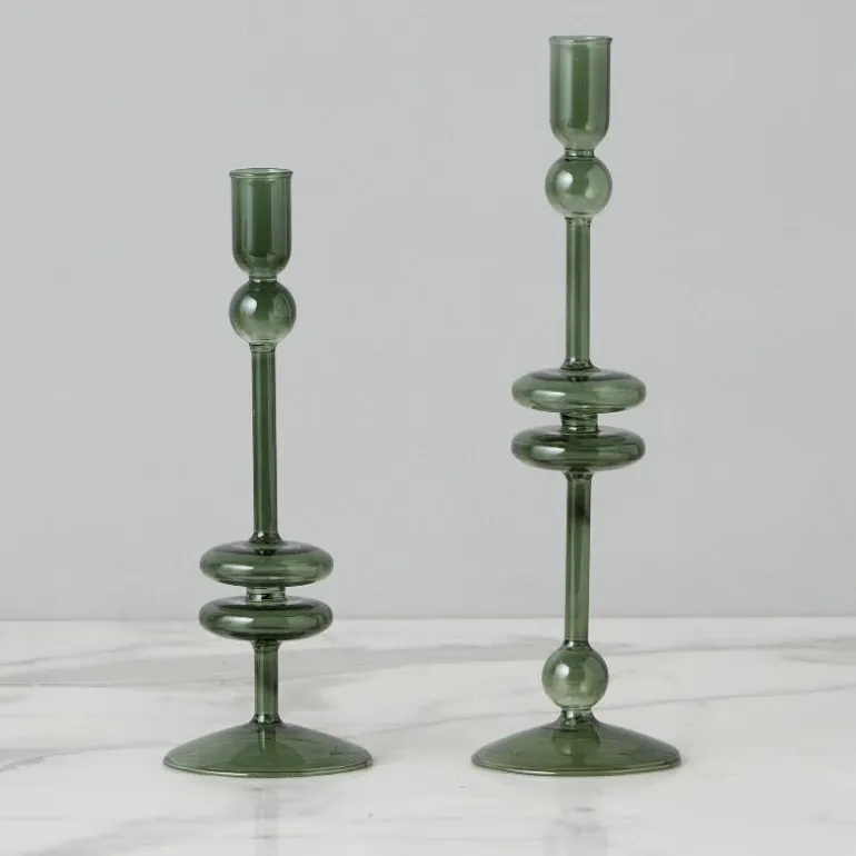 Emerald Glass Candlestick Pair