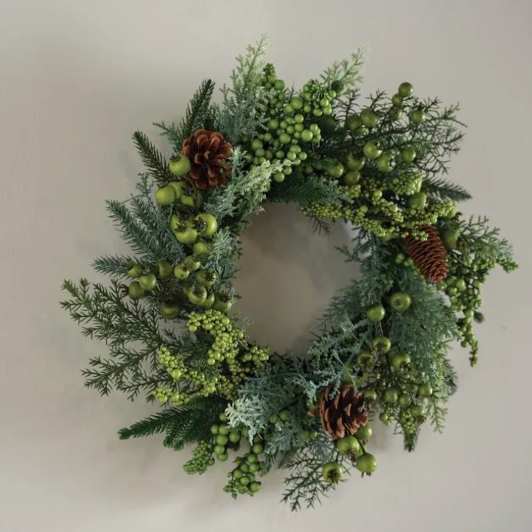 16" Evergreen Wreath with Green Berries & Pinecones