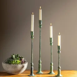 Forged Iron Green Patina Taper Candle Holders, Set of 4