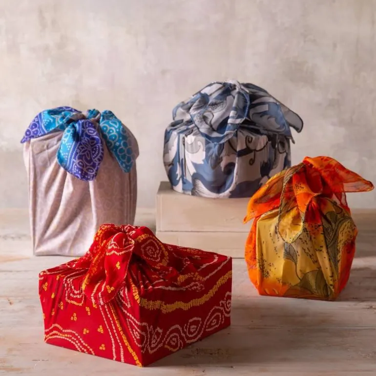 Furoshiki-Style Sari Fabric Gift Wrap, Set of 6