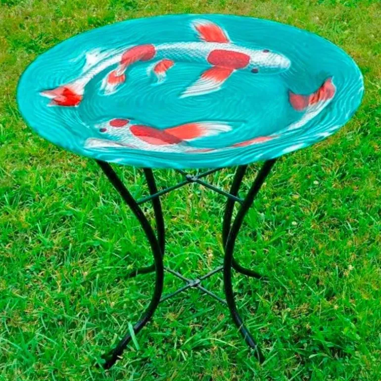 Glass Koi Birdbath with Metal Stand