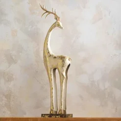 Gold and White Tall Slender Deer Statue Decor, Turned Head
