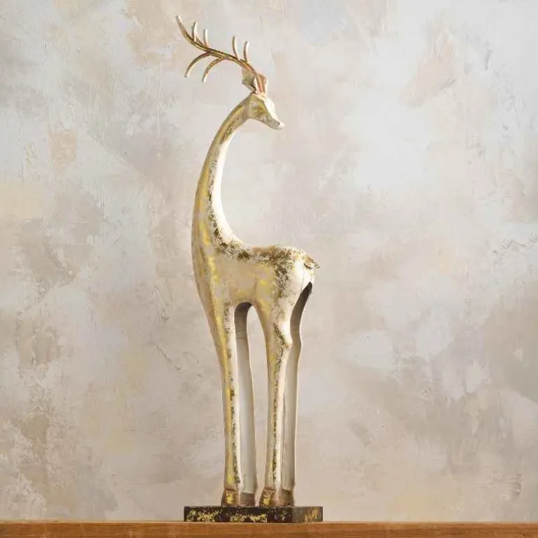 Gold and White Tall Slender Deer Statue Decor, Turned Head