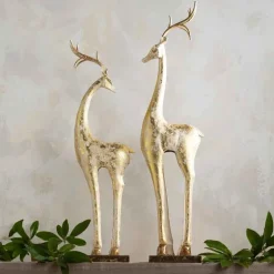 Gold and White Tall Slender Deer Statue Decor, Set of 2