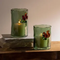 Green Glass Hurricane with Squirrel, 4.75"H