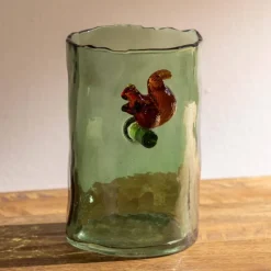 Green Glass Hurricane with Squirrel, 6"H