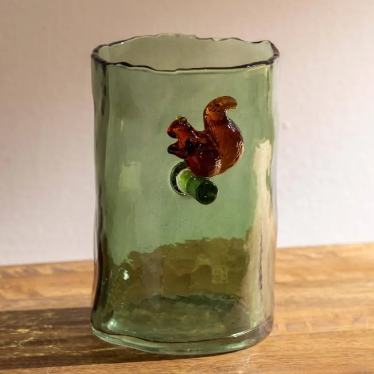 Green Glass Hurricane with Squirrel, 6"H