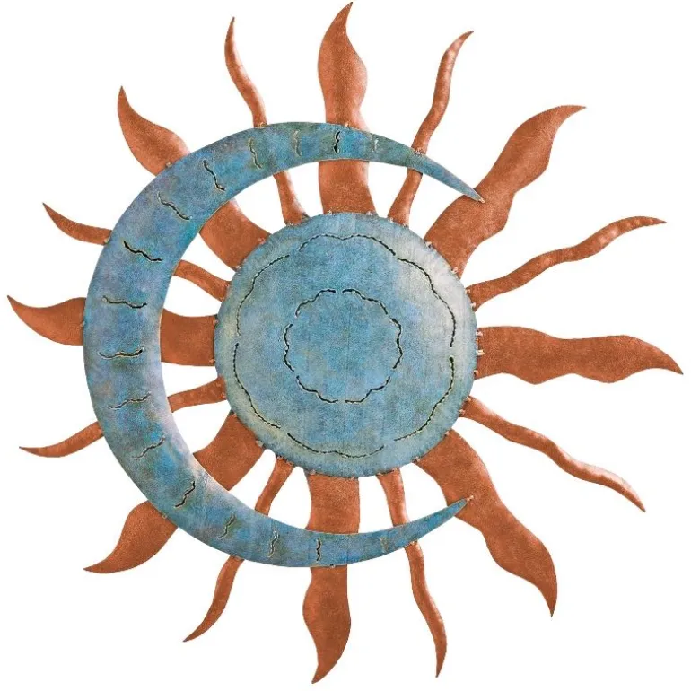 Handcrafted Blue and Copper-Colored Recycled Metal Moon and Sun Wall Art