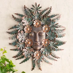 Handcrafted Forest Woman Face Surrounded by Metal Leaves and Flowers Wall Art