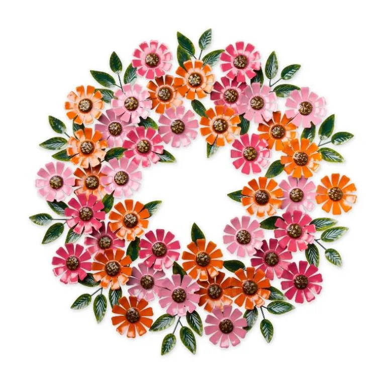 Handcrafted Pink and Orange Zinnias Metal Wreath