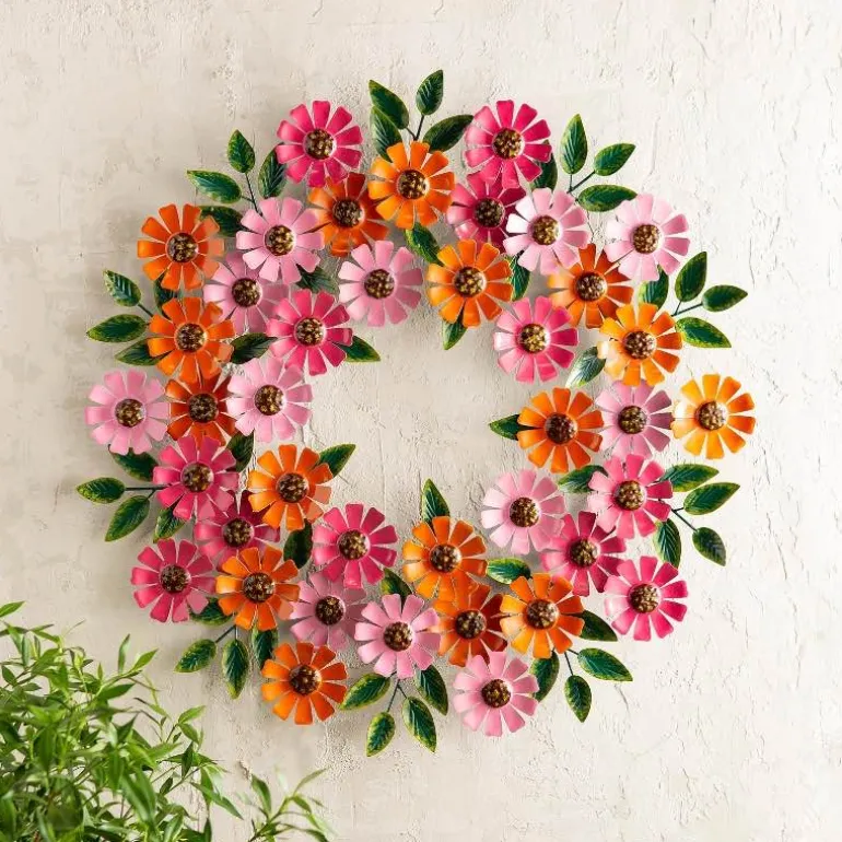 Handcrafted Pink and Orange Zinnias Metal Wreath