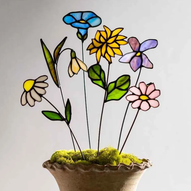Handcrafted Stained Glass Flower Stakes - Birth Month - January