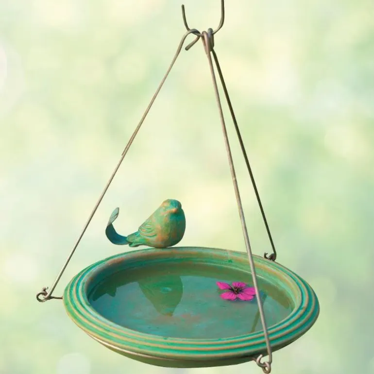 Hanging Birdbath with Perched Bird (teal)