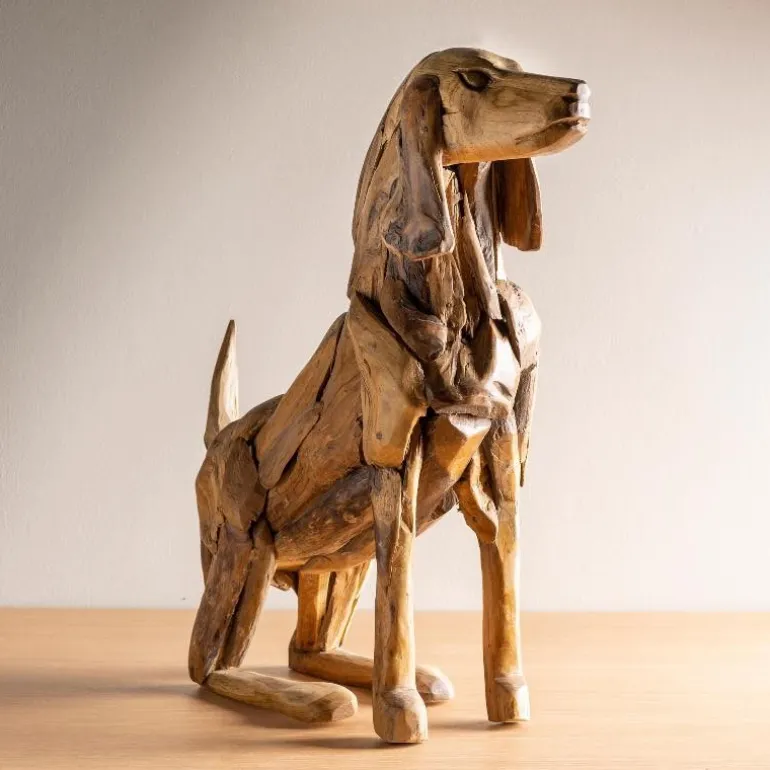 Indoor/ Outdoor Teak Sitting Dog Sculpture