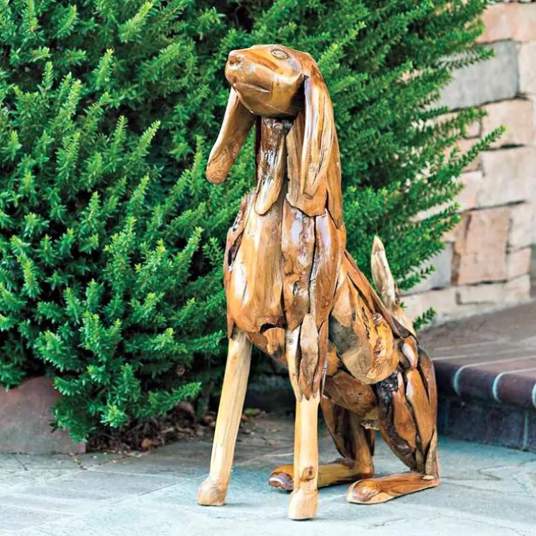 Indoor/ Outdoor Teak Sitting Dog Sculpture