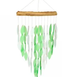 Large Glass Leaves on Driftwood Chime - Green