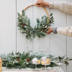 16" Modern Glitter Wreath with Wood Balls, Pine & Eucalyptus