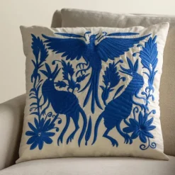 Otomi Mexican Embroidered Animal Stitched Pillow Cover, Blue Phoenix