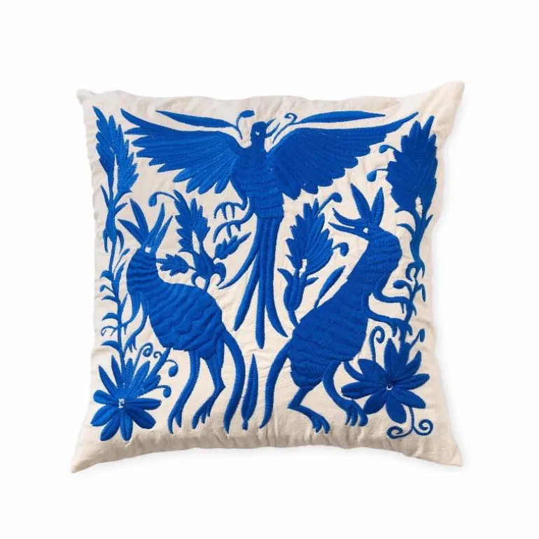 Otomi Mexican Embroidered Animal Stitched Pillow Cover, Blue Phoenix