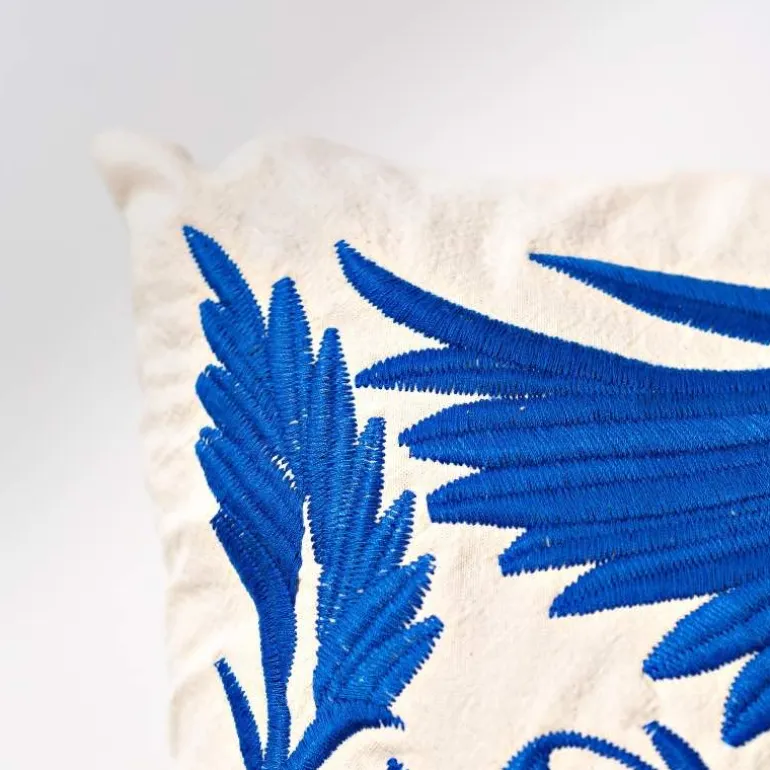 Otomi Mexican Embroidered Animal Stitched Pillow Cover, Blue Phoenix
